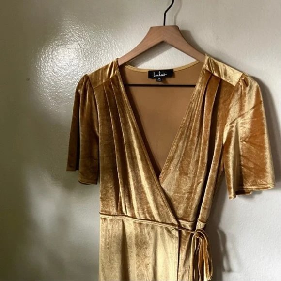 Lulus | Amour Golden Yellow Velvet High-Low Wrap Dress - Picture 6 of 8